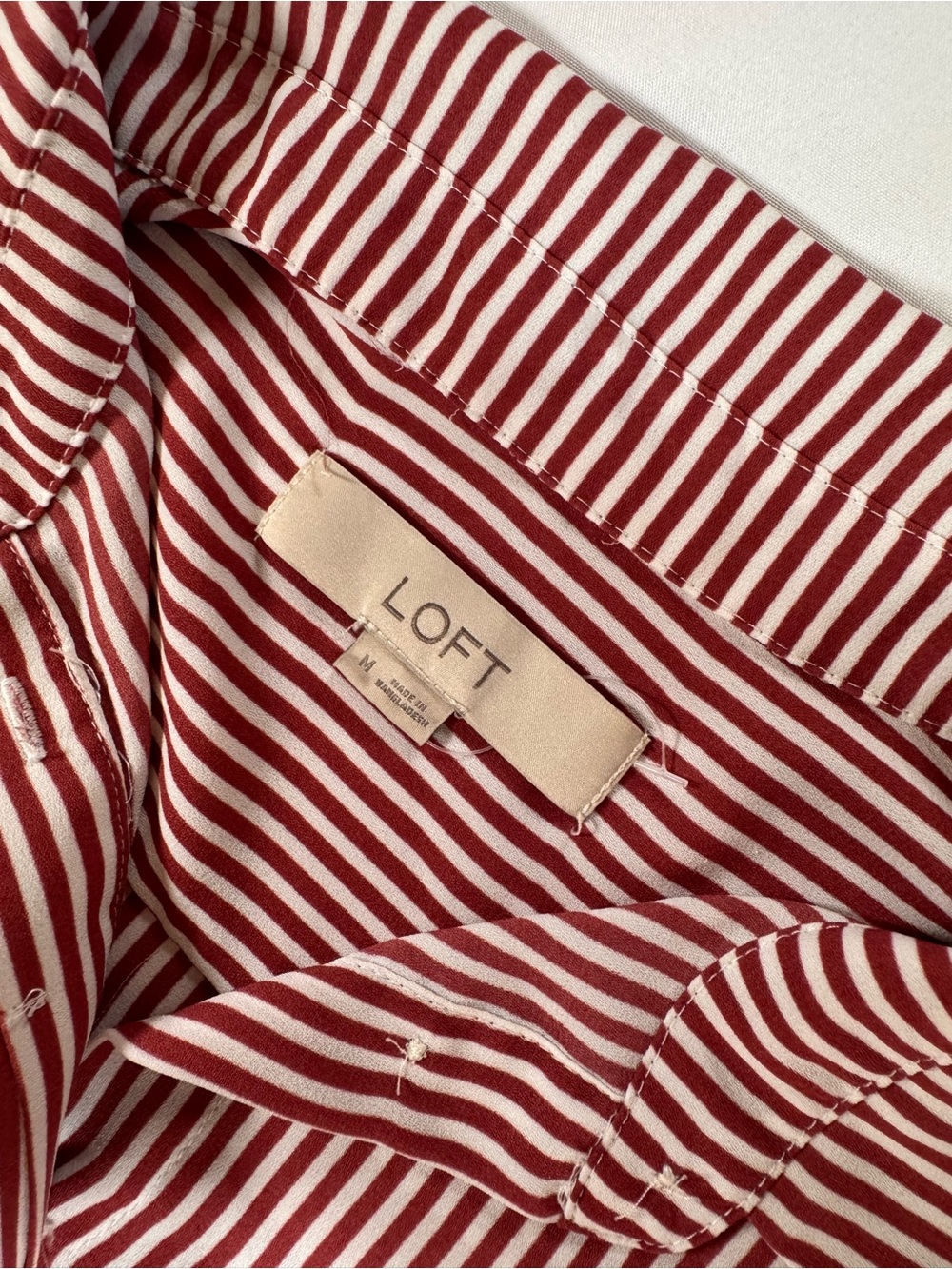 LOFT Women’s Medium Red White Stripe Utility Blouse Roll Tab Long Sleeve Top - Picture 5 of 7